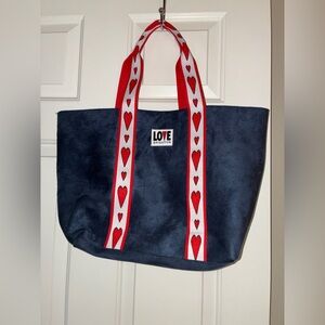 Brighton Navy Tote with Red Heart Straps